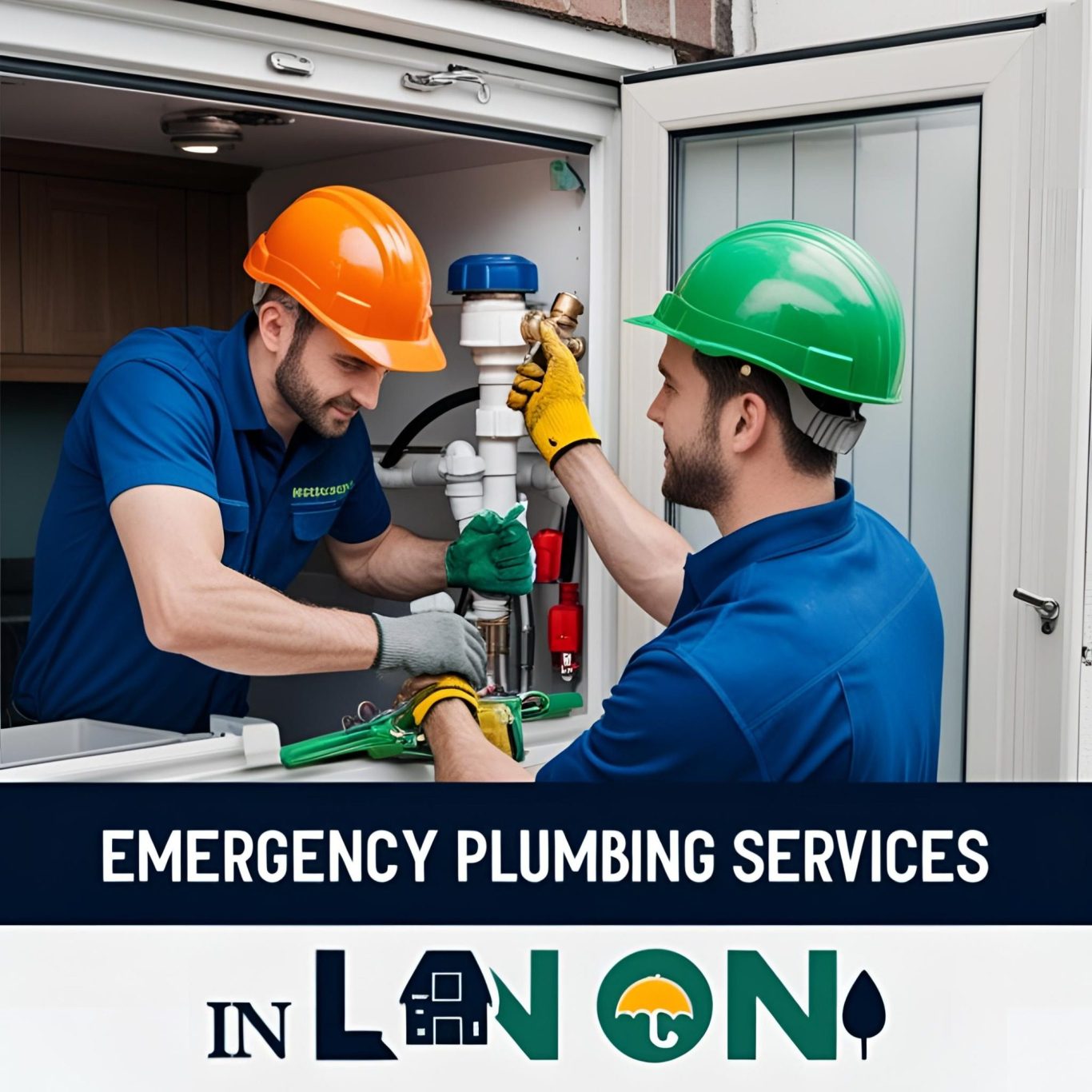 local emergency plumbing services Two plumbers in green and orange helmets fixing a water pipe; text promotes emergency plumbing services.