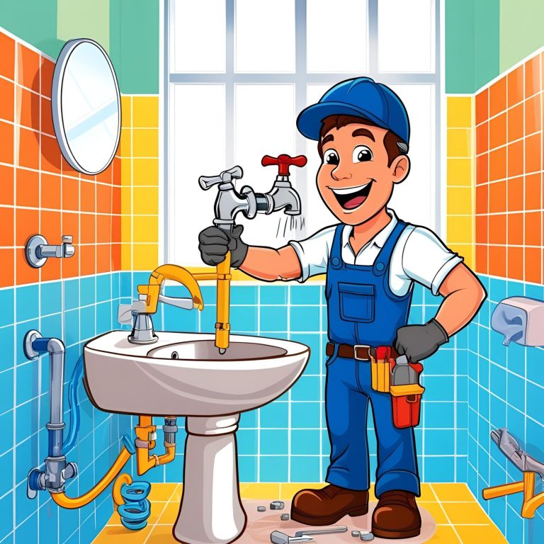 sink fixing plumber A cheerful plumber fixing a sink in a colourful bathroom.