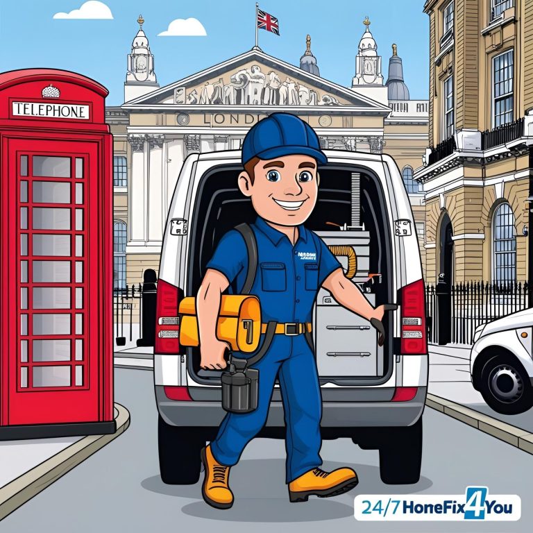 local plumbing job A cheerful technician in blue uniform carries tools near a red phone box and a building.