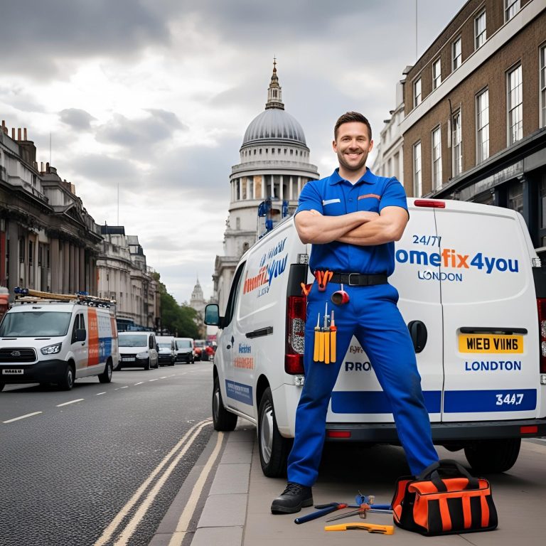 plumber service A technician stands proudly by a service van in an urban setting with St. Paul's Cathedral in the background.
