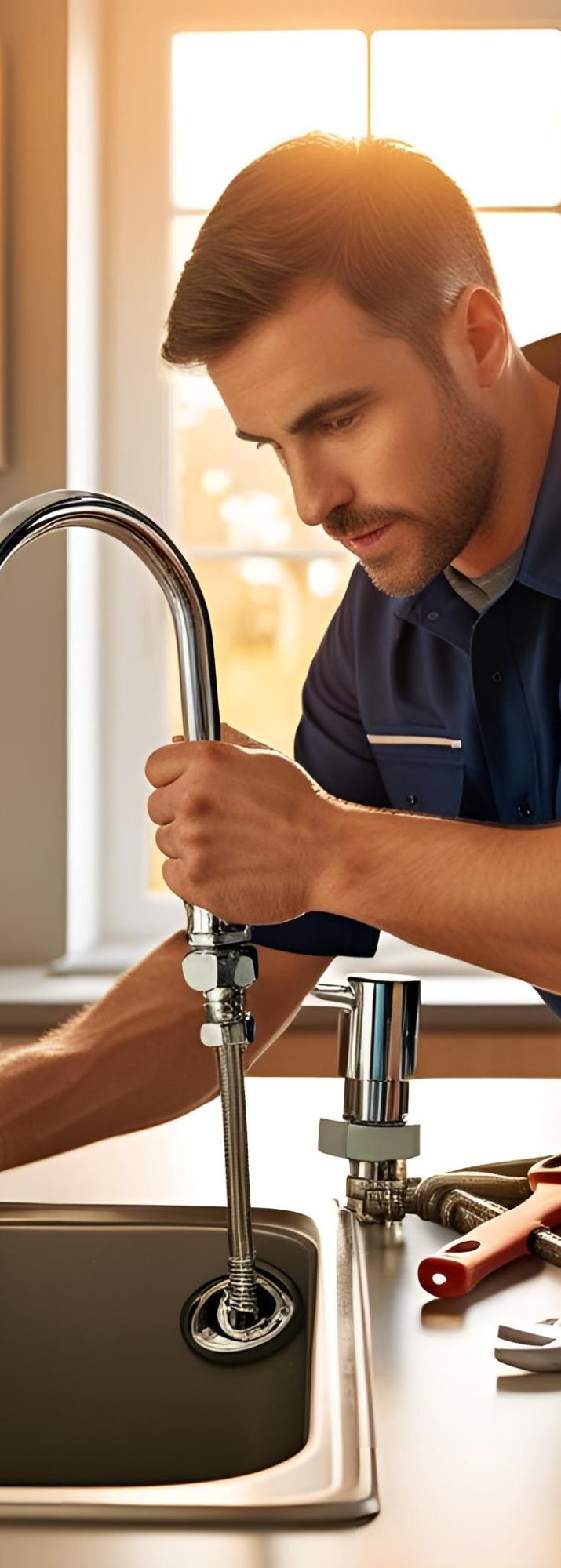 plumber fixing a sink A plumber fixing a sink with tools in a bright kitchen.